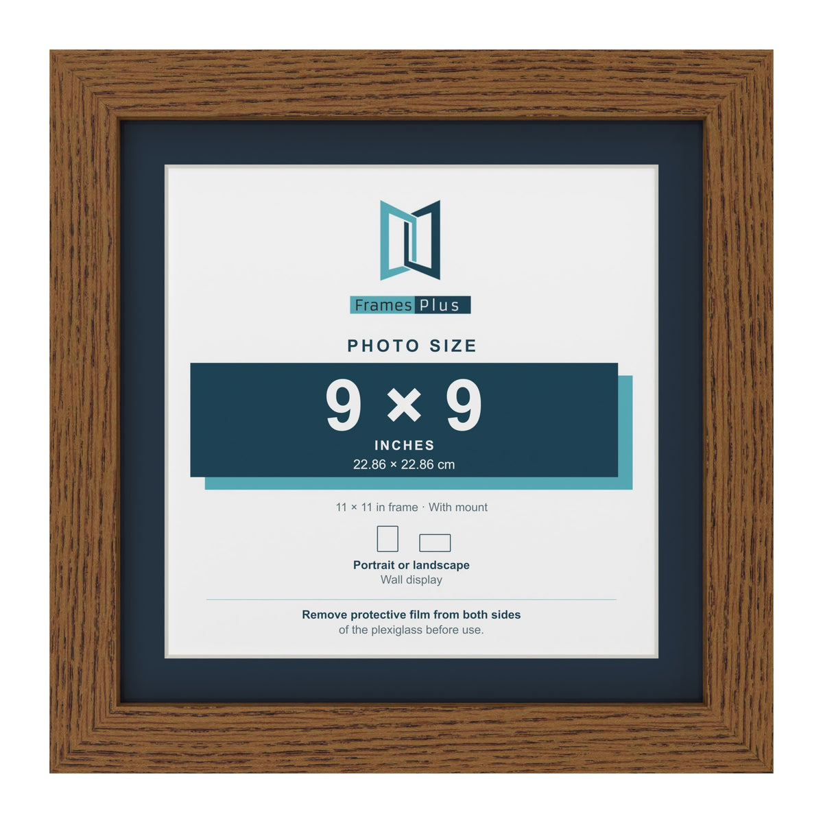Dark Oak 11 x 11 inch picture frame with a Pacific Blue mount for a 9 x 9 inch photo