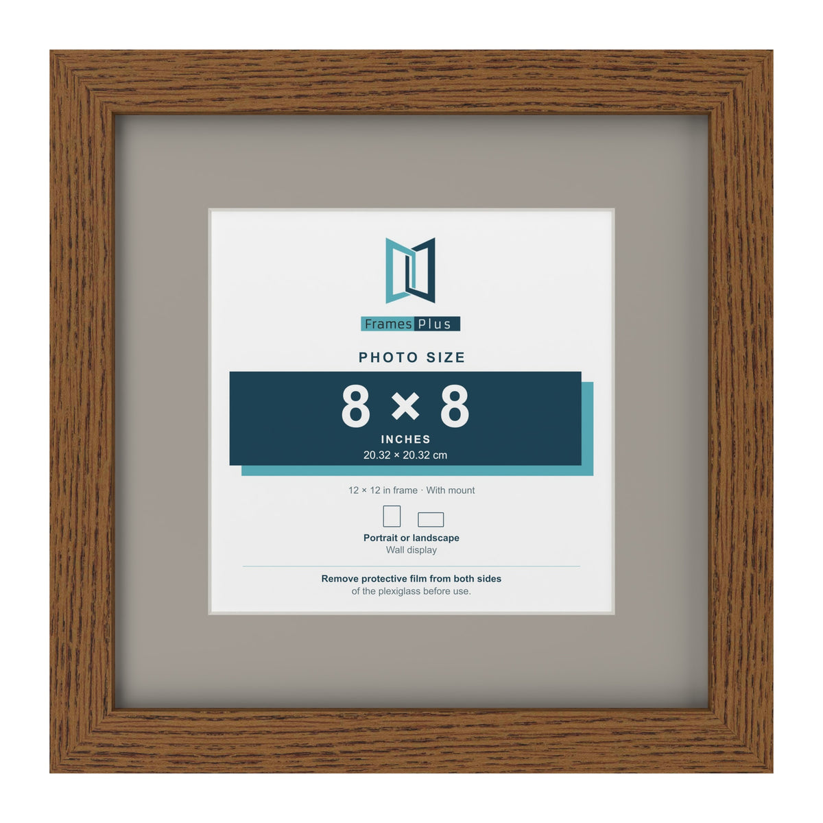 Dark Oak 12 x 12 inch picture frame with a Dawn Grey mount for an 8 x 8 inch photo