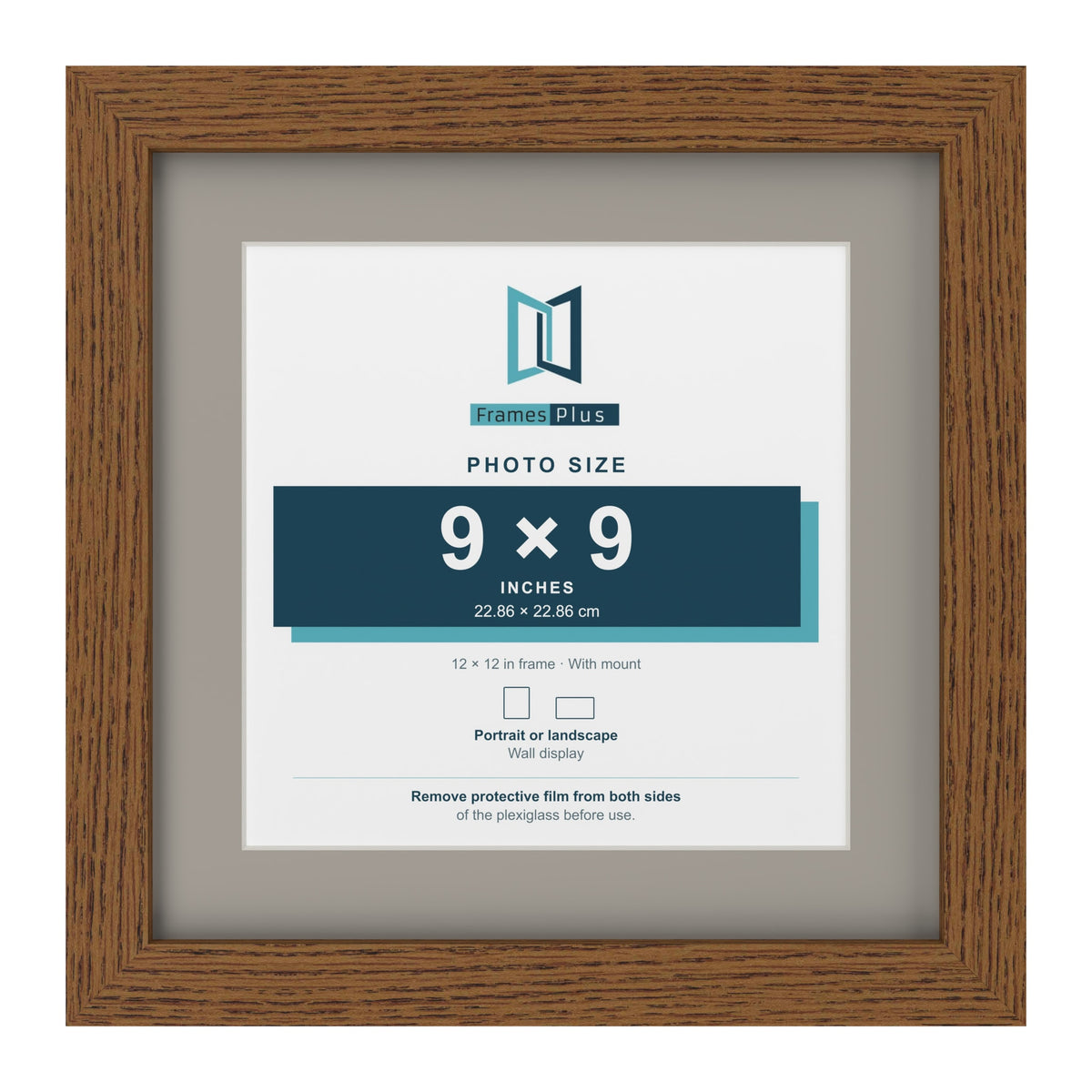 Dark Oak 12 x 12 inch picture frame with a Dawn Grey mount for a 9 x 9 inch photo