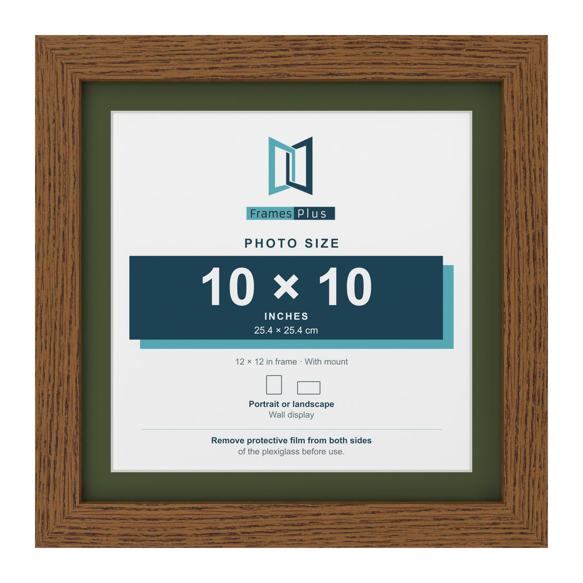 Dark Oak 12 x 12 inch picture frame with a green mount for a 10 x 10 inch photo