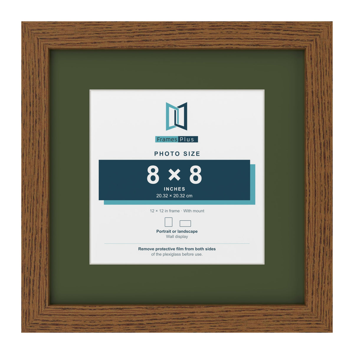 Dark Oak 12 x 12 inch picture frame with a green mount for an 8 x 8 inch photo