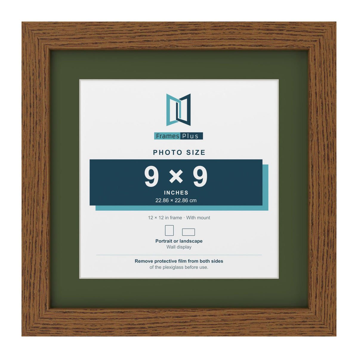 Dark Oak 12 x 12 inch picture frame with a green mount for a 9 x 9 inch photo