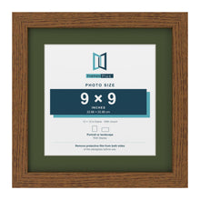 Dark Oak 12 x 12 inch picture frame with a green mount for a 9 x 9 inch photo