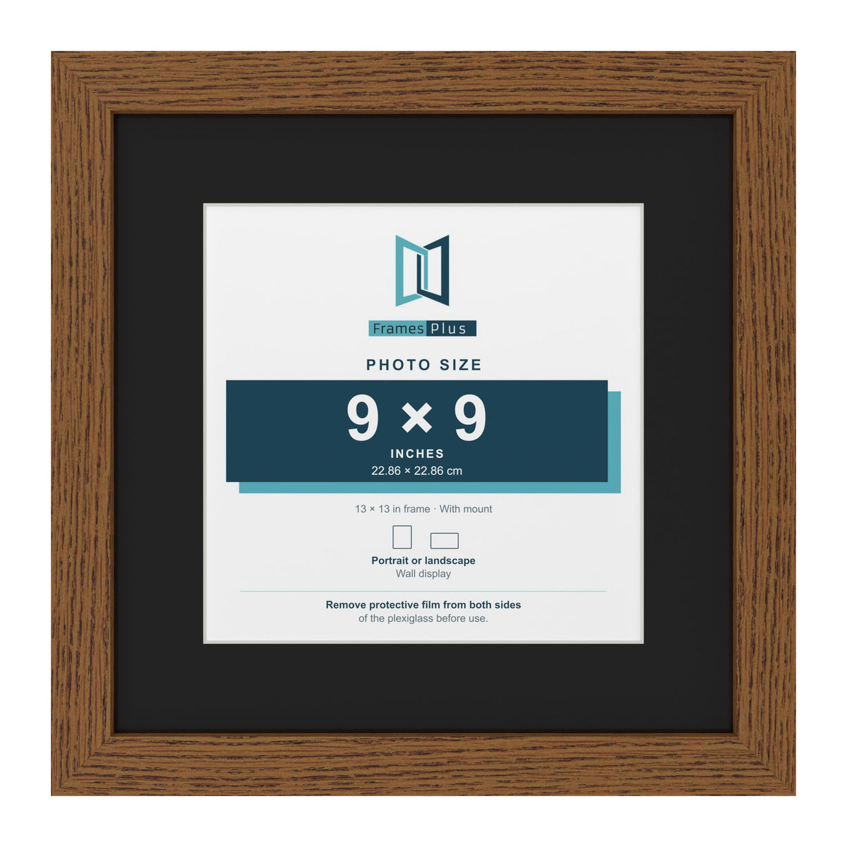 Dark Oak 13 x 13 inch picture frame with a black mount for a 9 x 9 inch photo