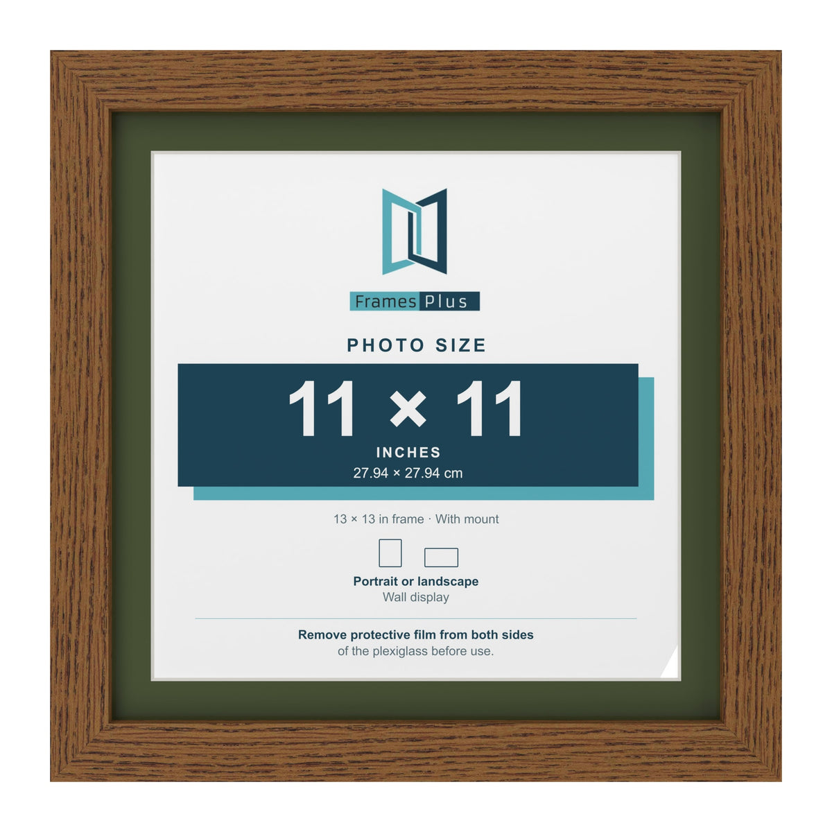 Dark Oak 13 x 13 inch picture frame with a green mount for an 11 x 11 inch photo