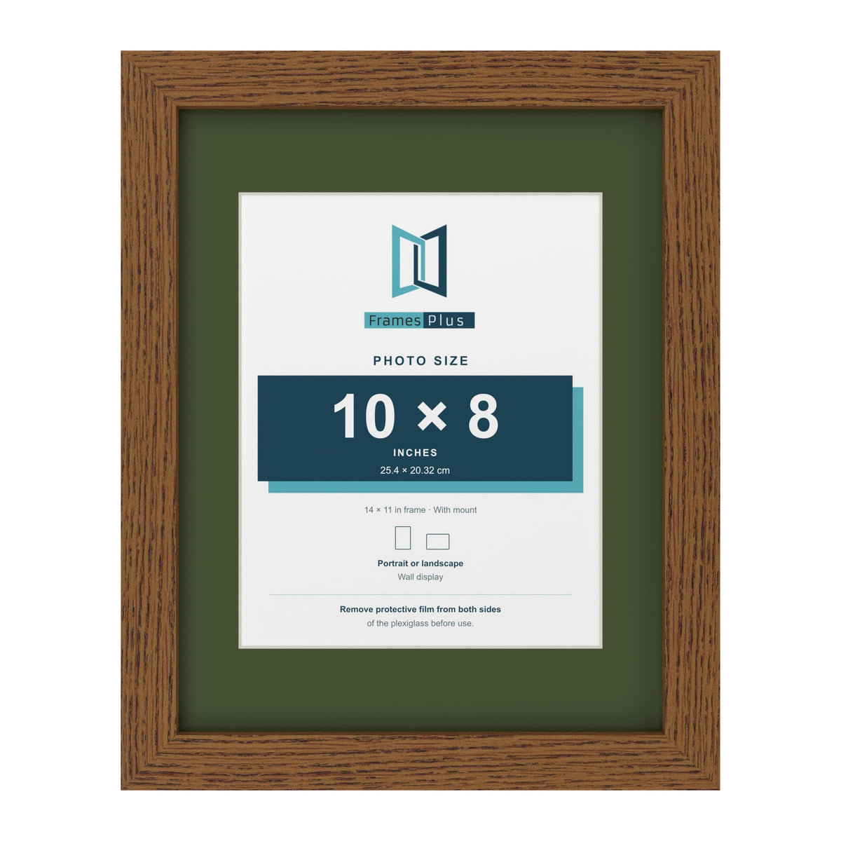 Dark Oak 14 x 11 inch picture frame with a green mount for a 10 x 8 inch photo