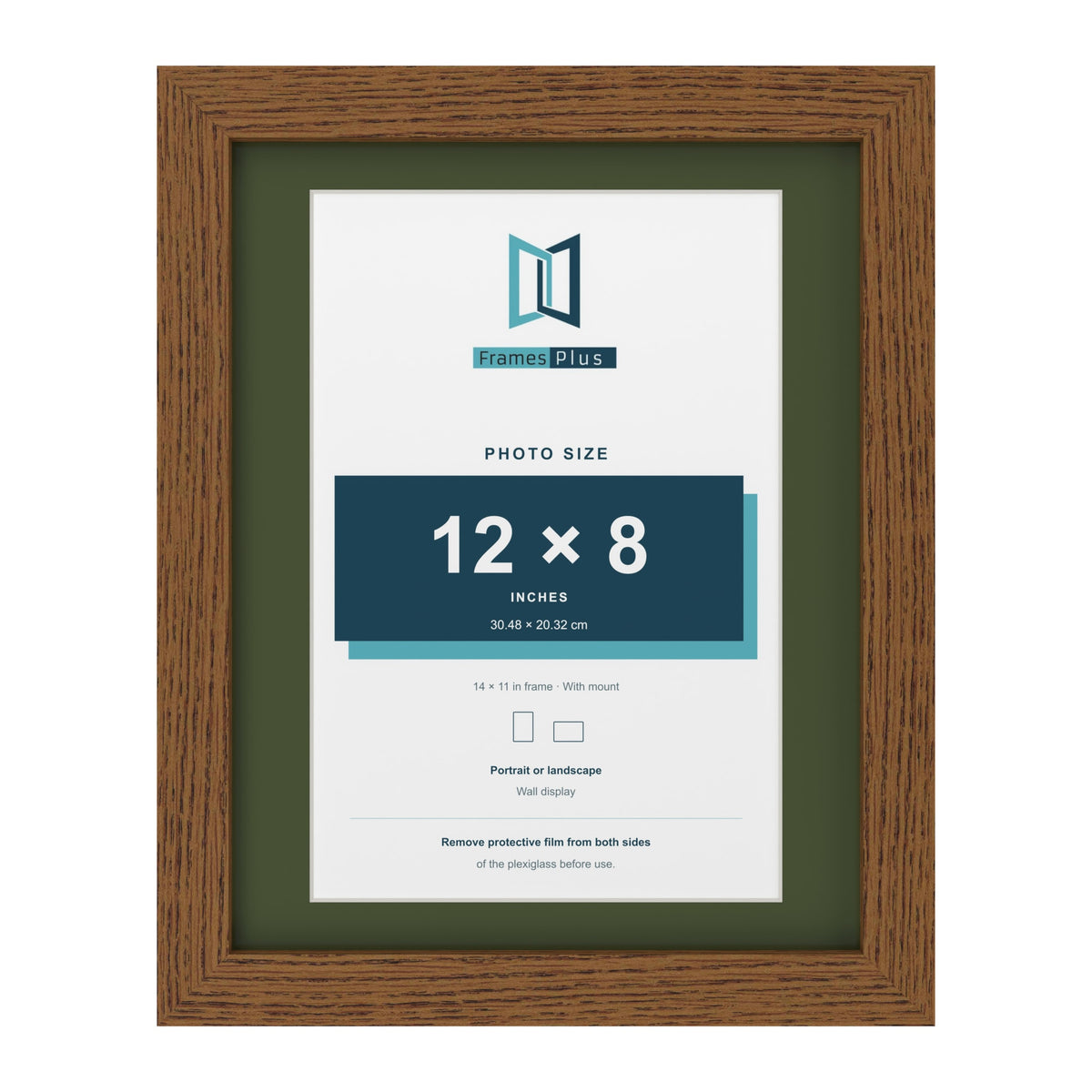 Dark Oak 14 x 11 inch picture frame with a green mount for a 12 x 8 inch photo