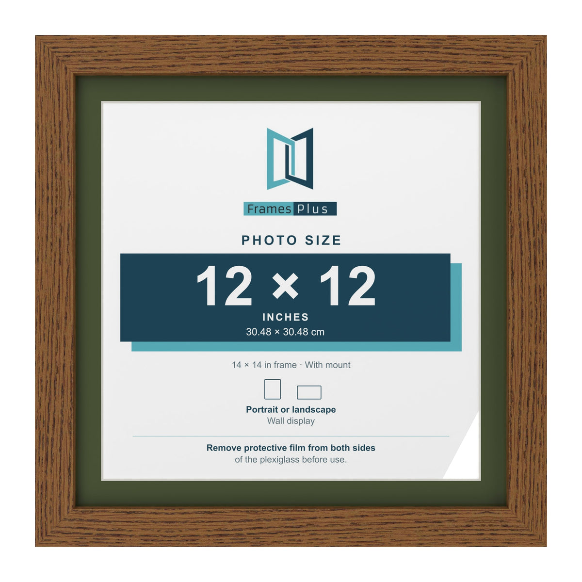Dark Oak 14 x 14 inch picture frame with a green mount for a 12 x 12 inch photo
