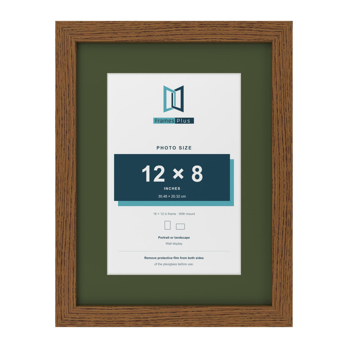 Dark Oak 16 x 12 inch picture frame with a green mount for a 12 x 8 inch photo