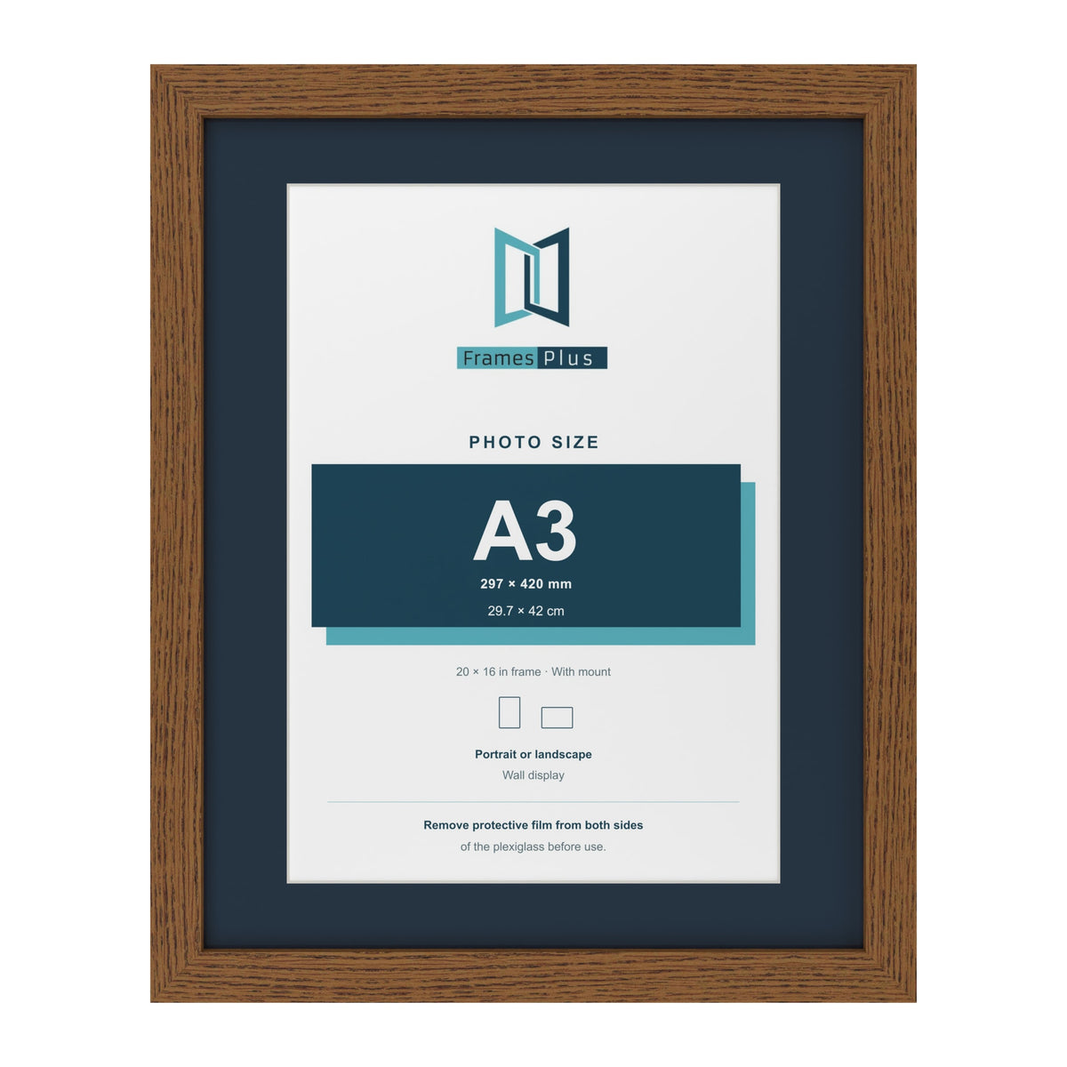 Dark Oak 20 x 16 inch picture frame with a Pacific Blue mount for an A3 photo