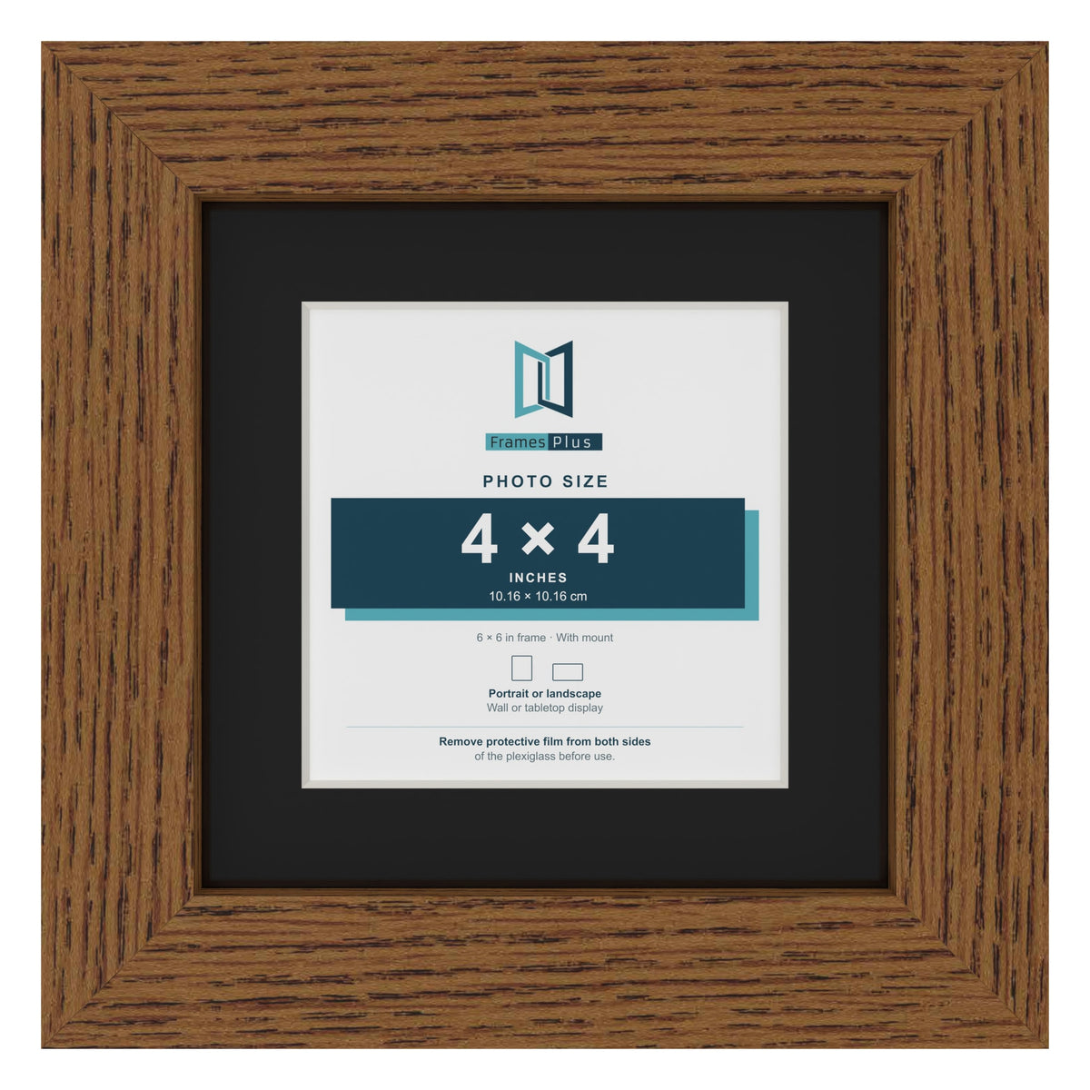 Dark Oak 6 x 6 inch picture frame with a black mount for a 4 x 4 inch photo
