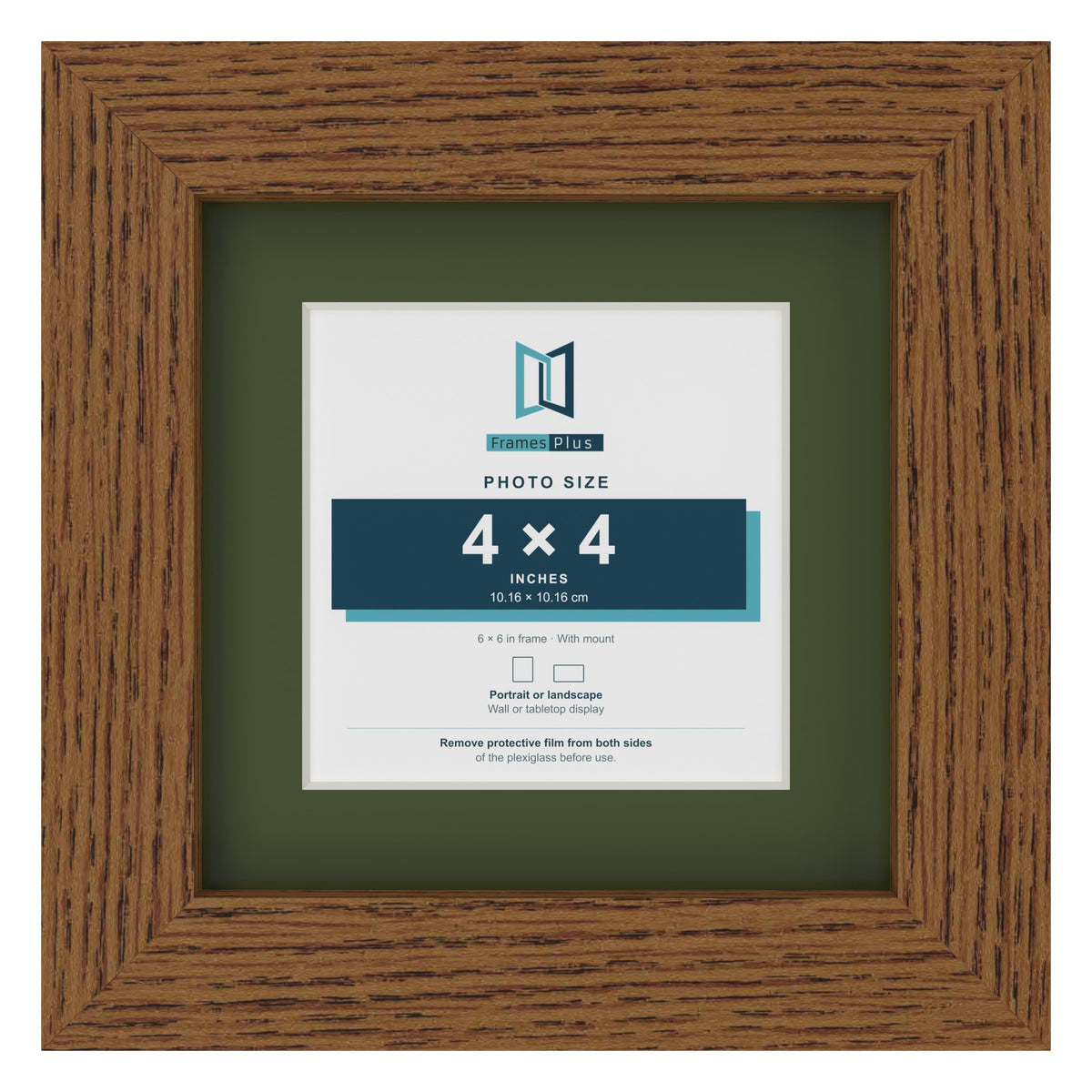 Dark Oak 6 x 6 inch picture frame with a green mount for a 4 x 4 inch photo