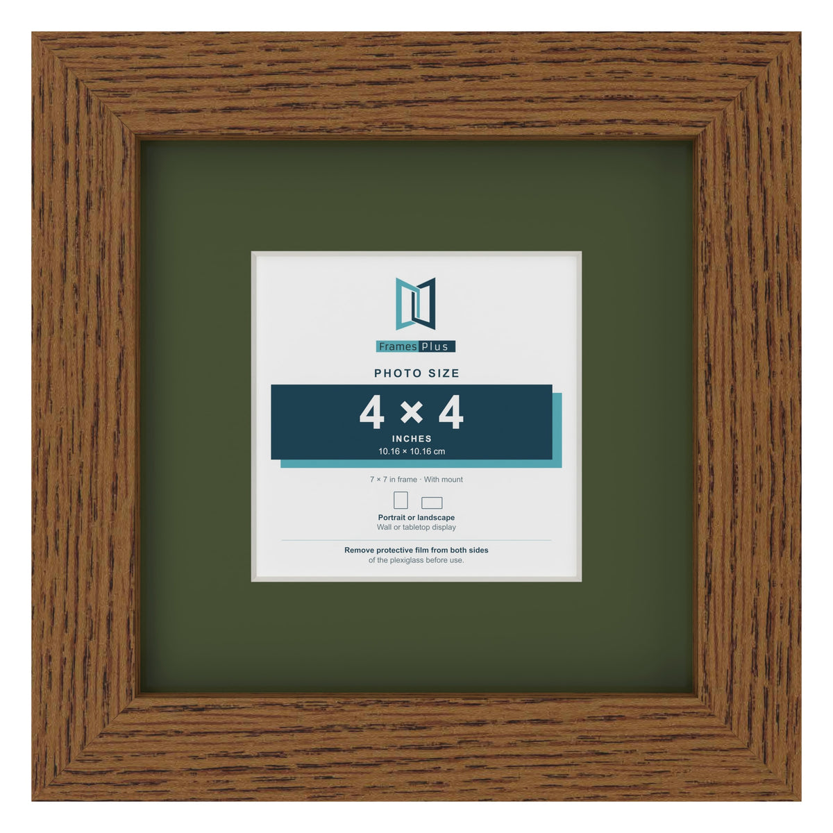 Dark Oak 7 x 7 inch picture frame with a green mount for a 4 x 4 inch photo
