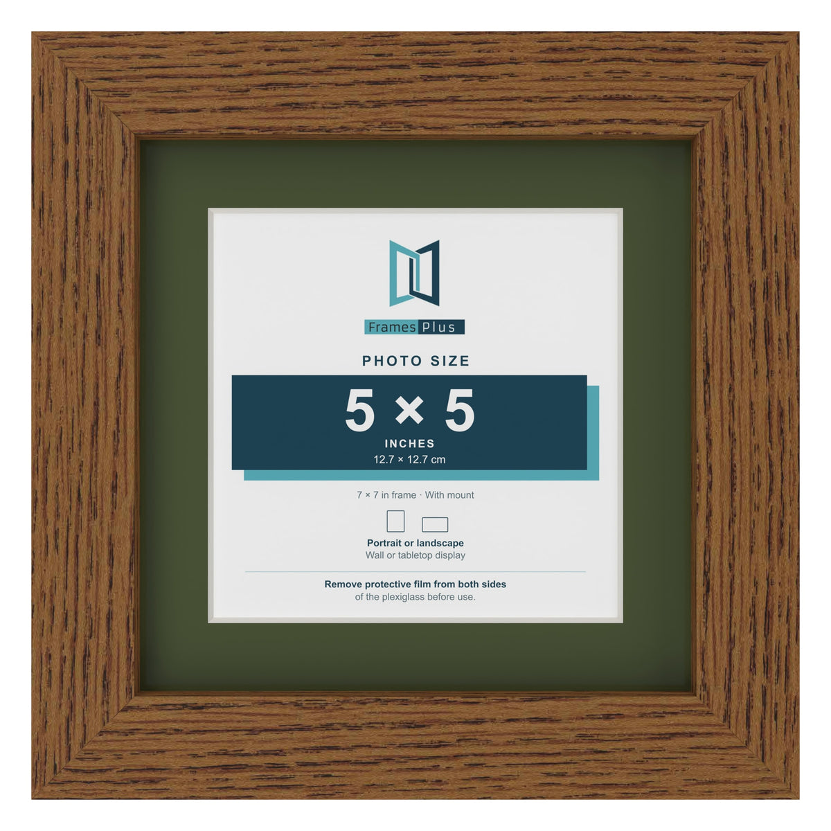 Dark Oak 7 x 7 inch picture frame with a green mount for a 5 x 5 inch photo