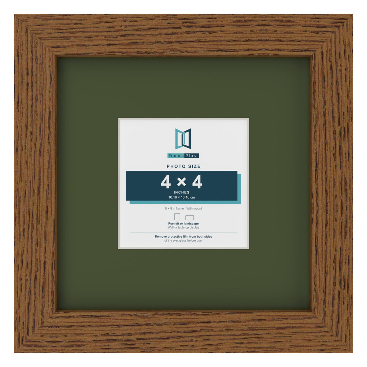 Dark Oak 8 x 8 inch picture frame with a green mount for a 4 x 4 inch photo