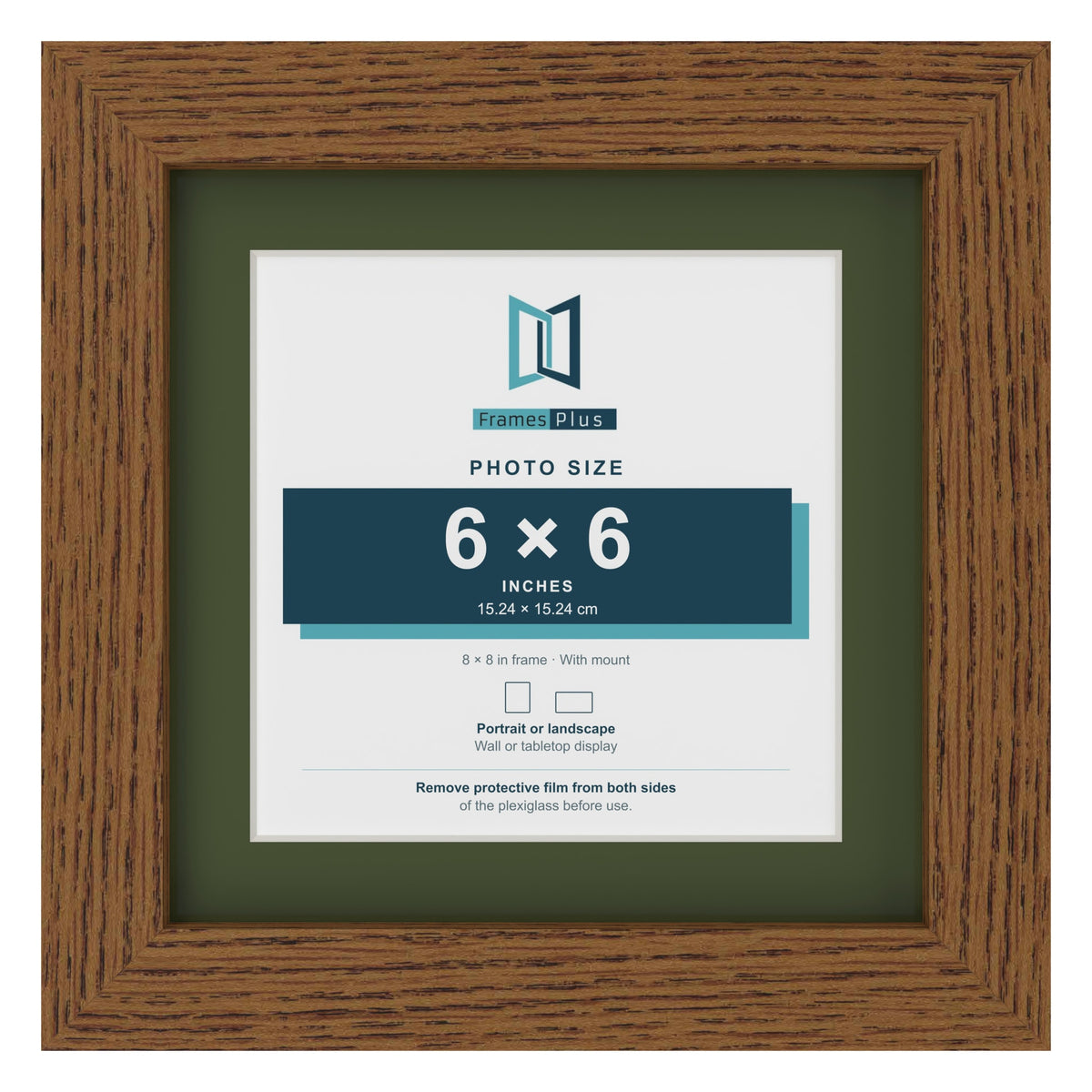 Dark Oak 8 x 8 inch picture frame with a green mount for a 6 x 6 inch photo