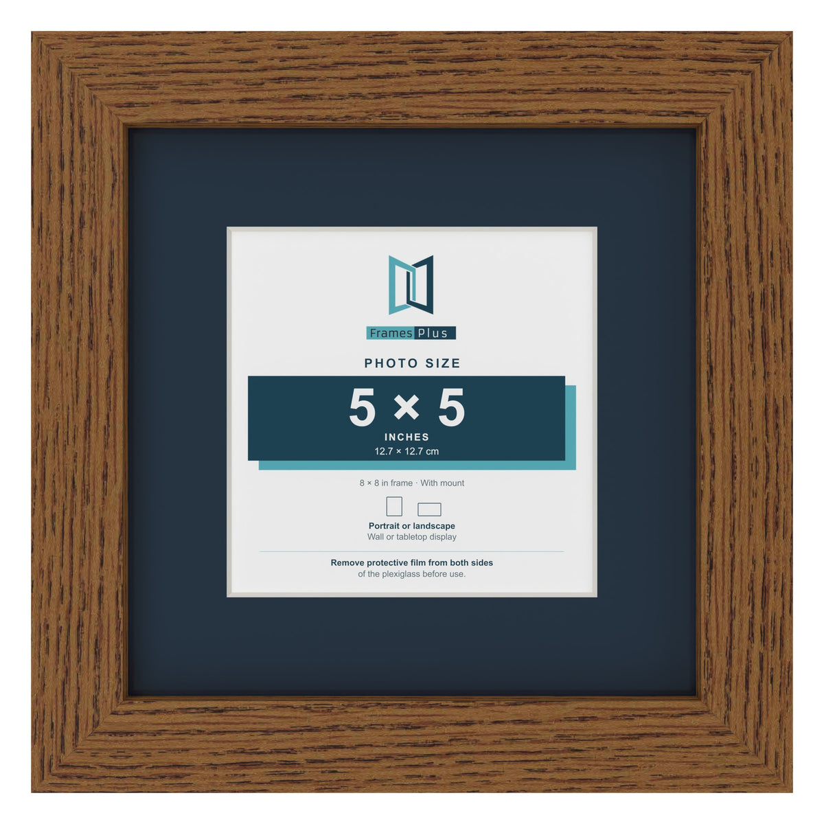Dark Oak 8 x 8 inch picture frame with a Pacific Blue mount for a 5 x 5 inch photo