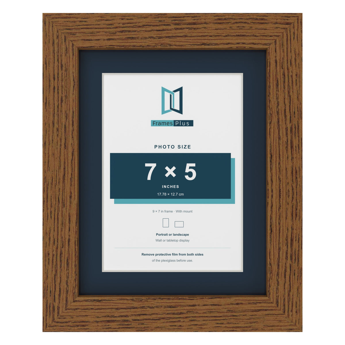 Dark Oak 9 x 7 inch picture frame with a Pacific Blue mount for a 7 x 5 inch photo