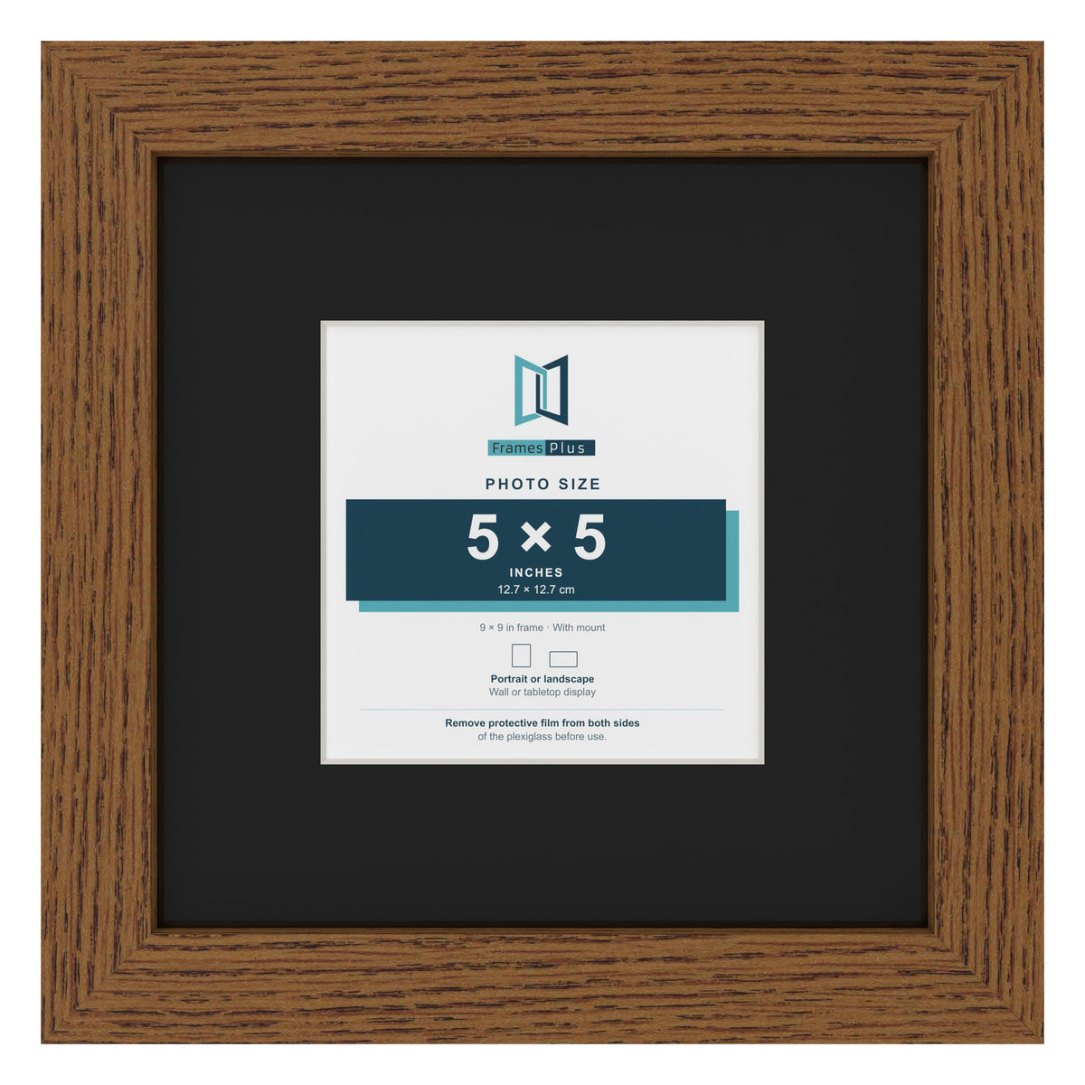 Dark Oak 9 x 9 inch picture frame with a black mount for a 5 x 5 inch photo