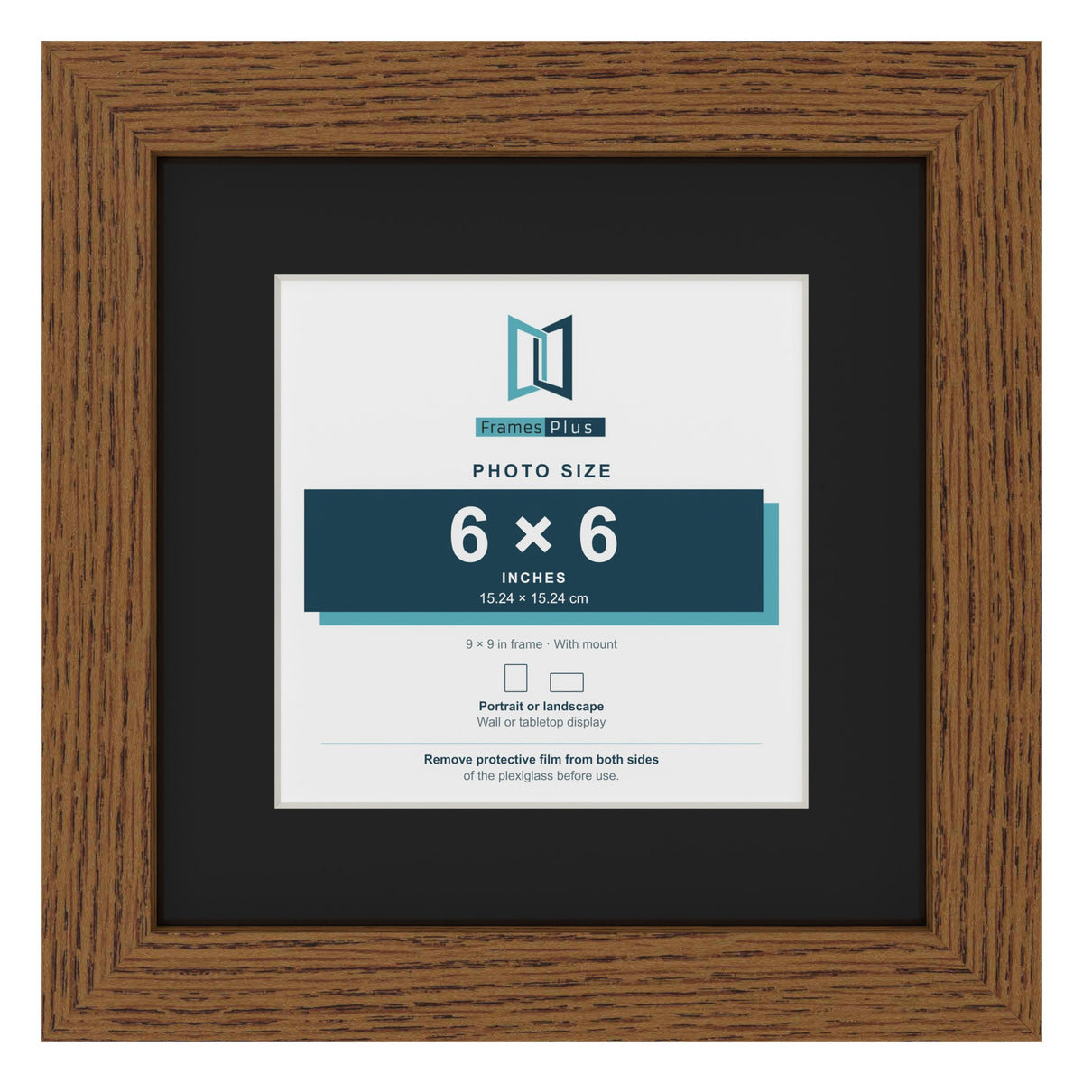 Dark Oak 9 x 9 inch picture frame with a black mount for a 6 x 6 inch photo