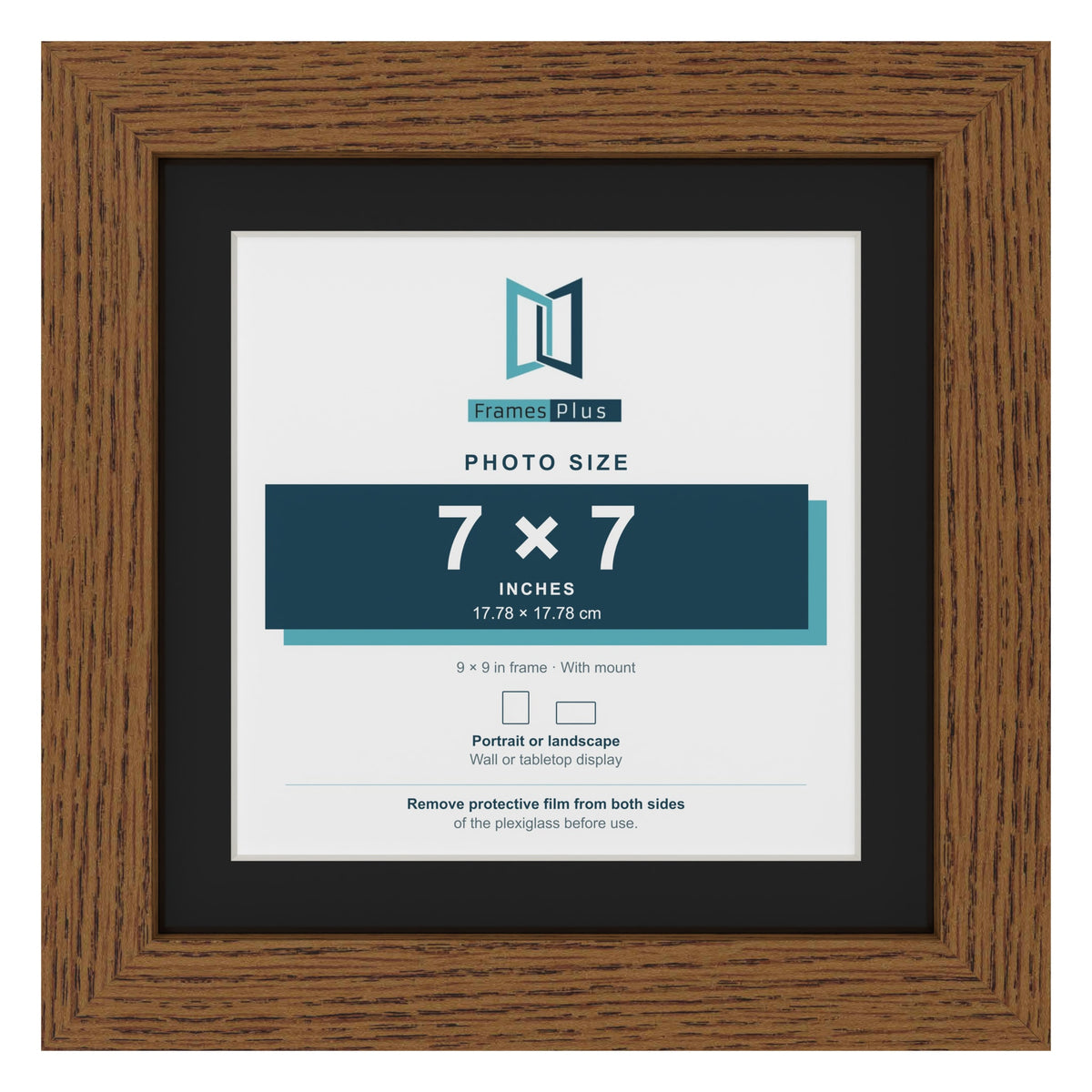 Dark Oak 9 x 9 inch picture frame with a black mount for a 7 x 7 inch photo