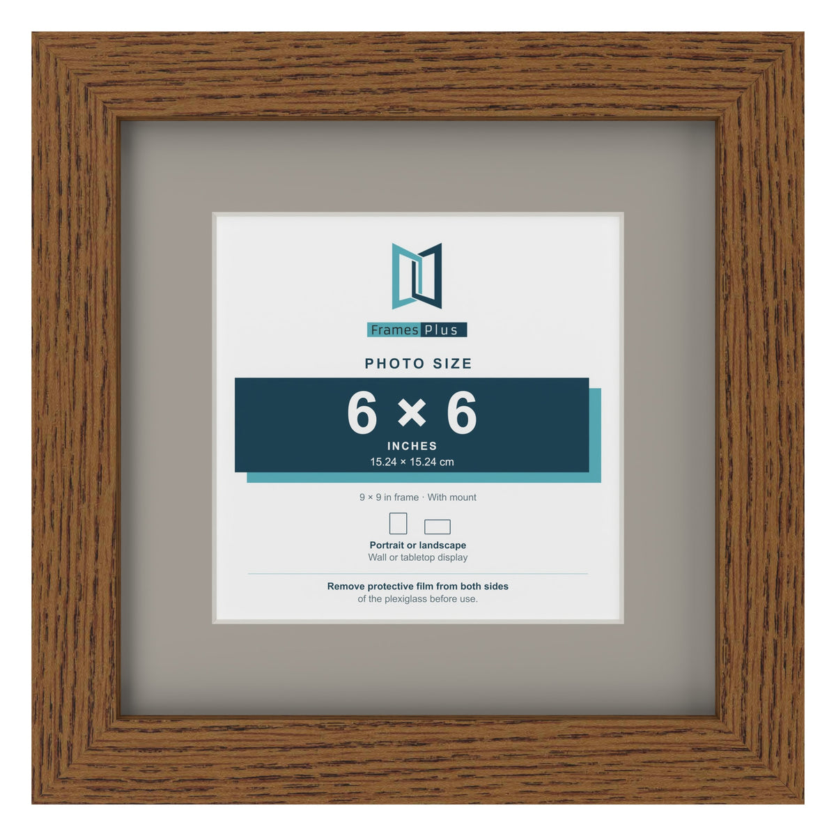 Dark Oak 9 x 9 inch picture frame with a Dawn Grey mount for a 6 x 6 inch photo