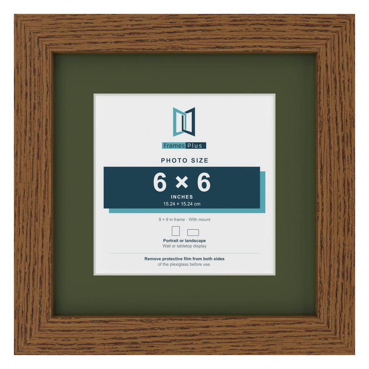 Dark Oak 9 x 9 inch picture frame with a green mount for a 6 x 6 inch photo