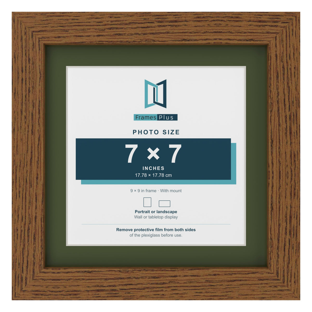 Dark Oak 9 x 9 inch picture frame with a green mount for a 7 x 7 inch photo