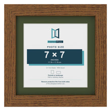 Dark Oak 9 x 9 inch picture frame with a green mount for a 7 x 7 inch photo