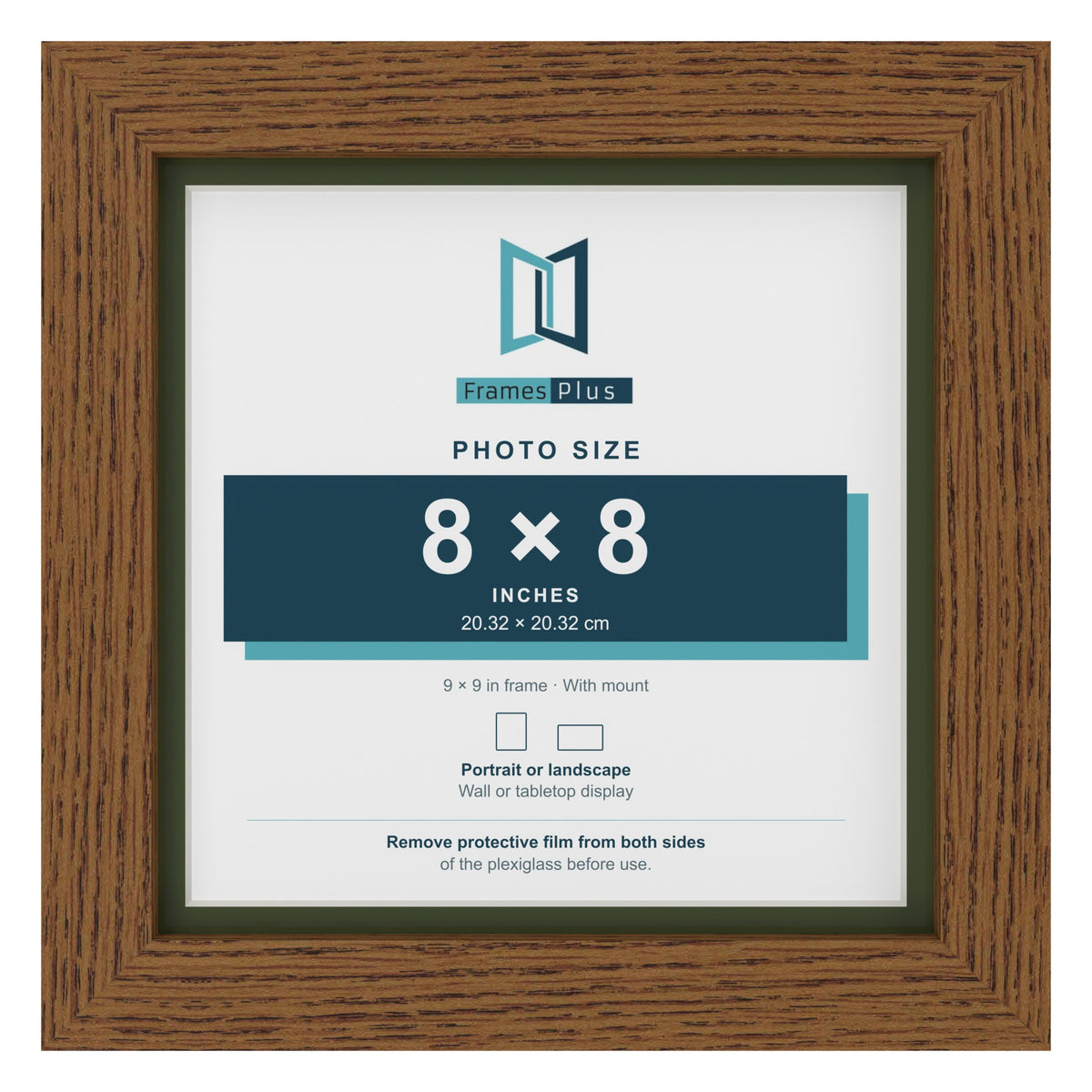 Dark Oak 9 x 9 inch picture frame with a green mount for an 8 x 8 inch photo