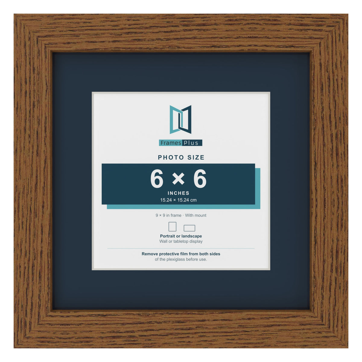 Dark Oak 9 x 9 inch picture frame with a Pacific Blue mount for a 6 x 6 inch photo