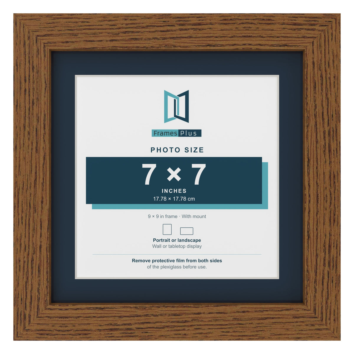 Dark Oak 9 x 9 inch picture frame with a Pacific Blue mount for a 7 x 7 inch photo