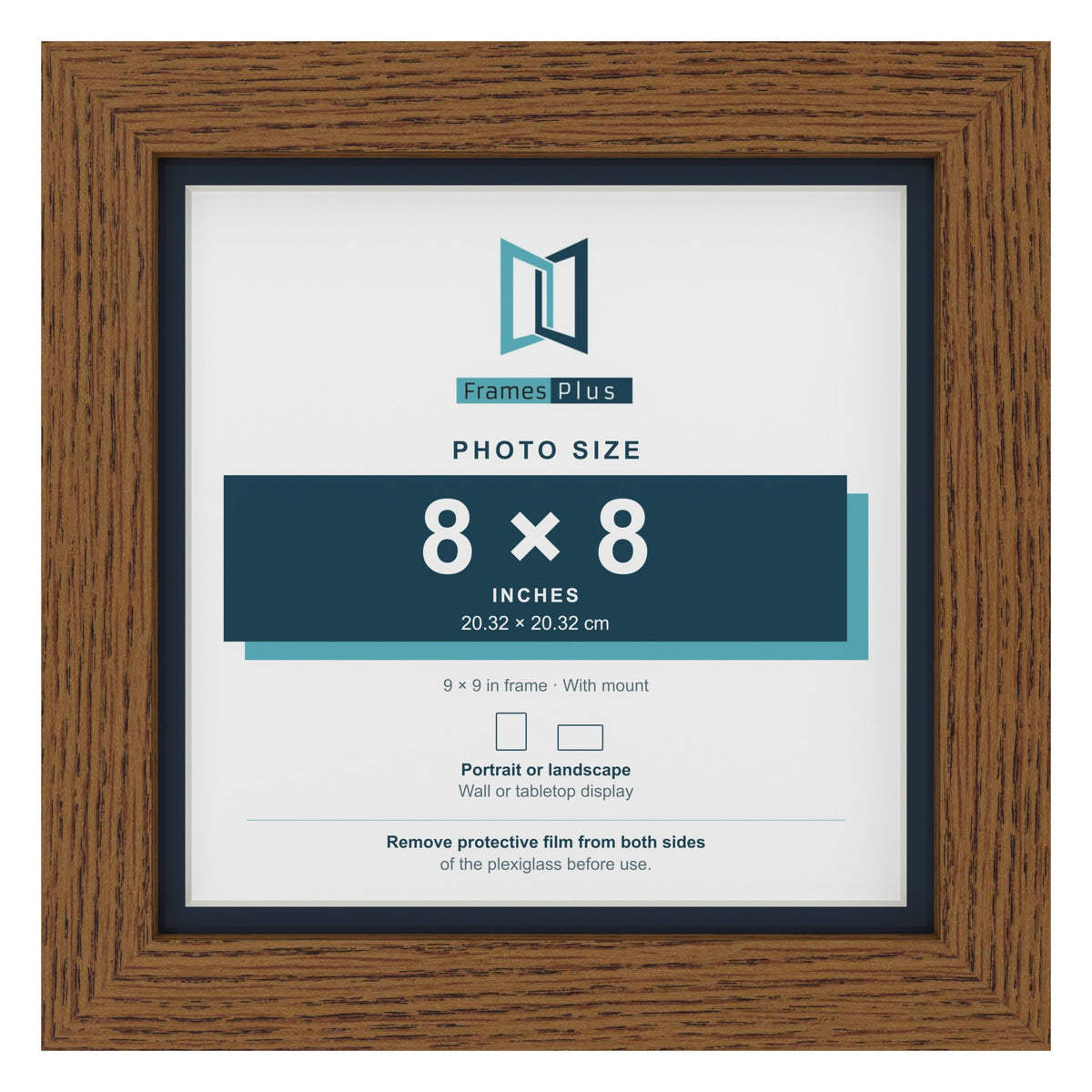 Dark Oak 9 x 9 inch picture frame with a Pacific Blue mount for an 8 x 8 inch photo