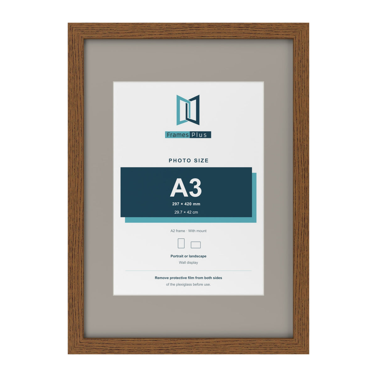 Dark Oak A2 picture frame with a Dawn Grey mount for an A3 photo