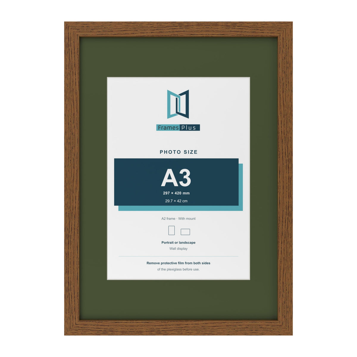 Dark Oak A2 picture frame with a green mount for an A3 photo
