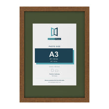 Dark Oak A2 picture frame with a green mount for an A3 photo