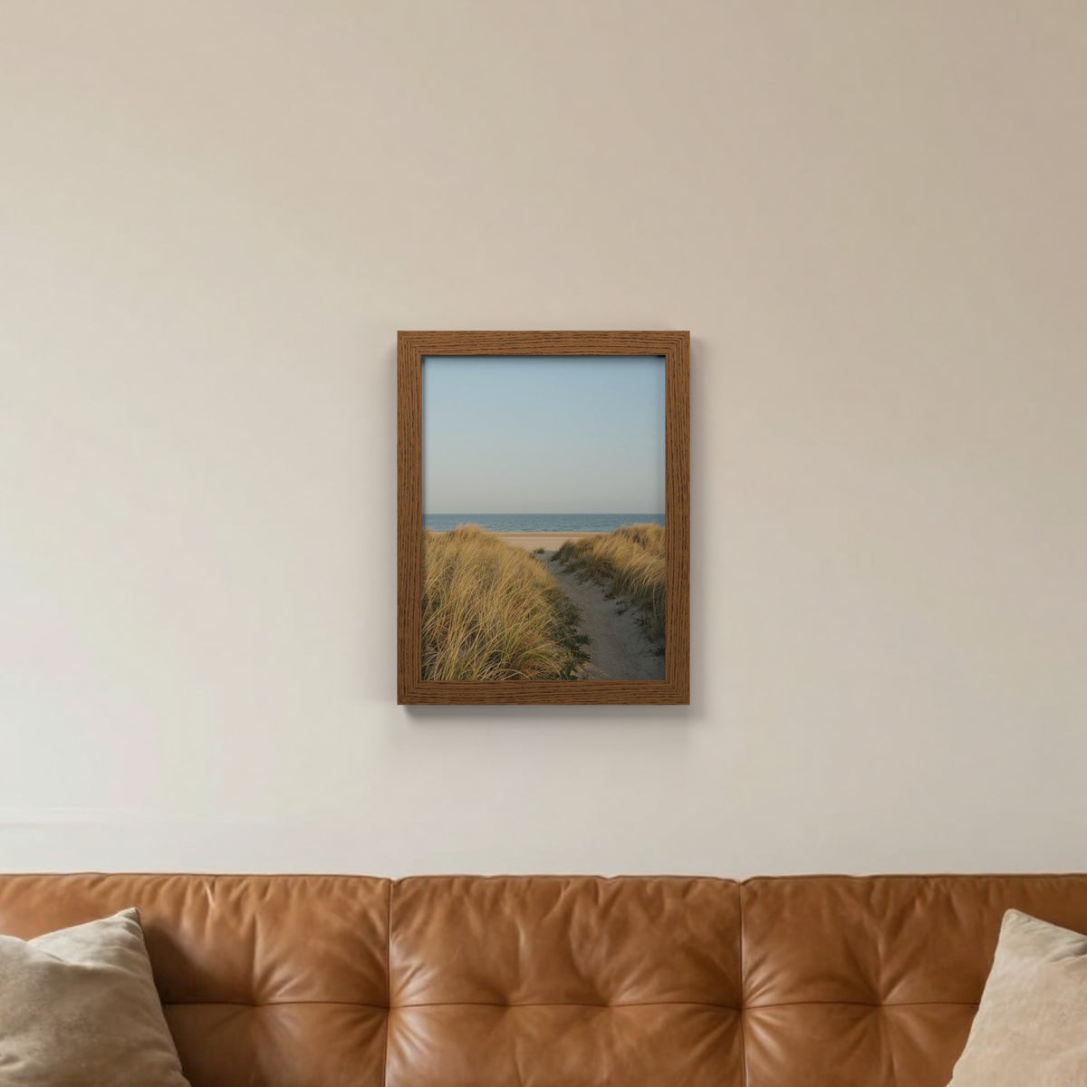 Dark Oak picture frame hanging on a living room wall