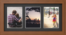 Dark Teak Multi-Aperture Frame for 3 Photos 7x5" with Black Mount displaying photographs