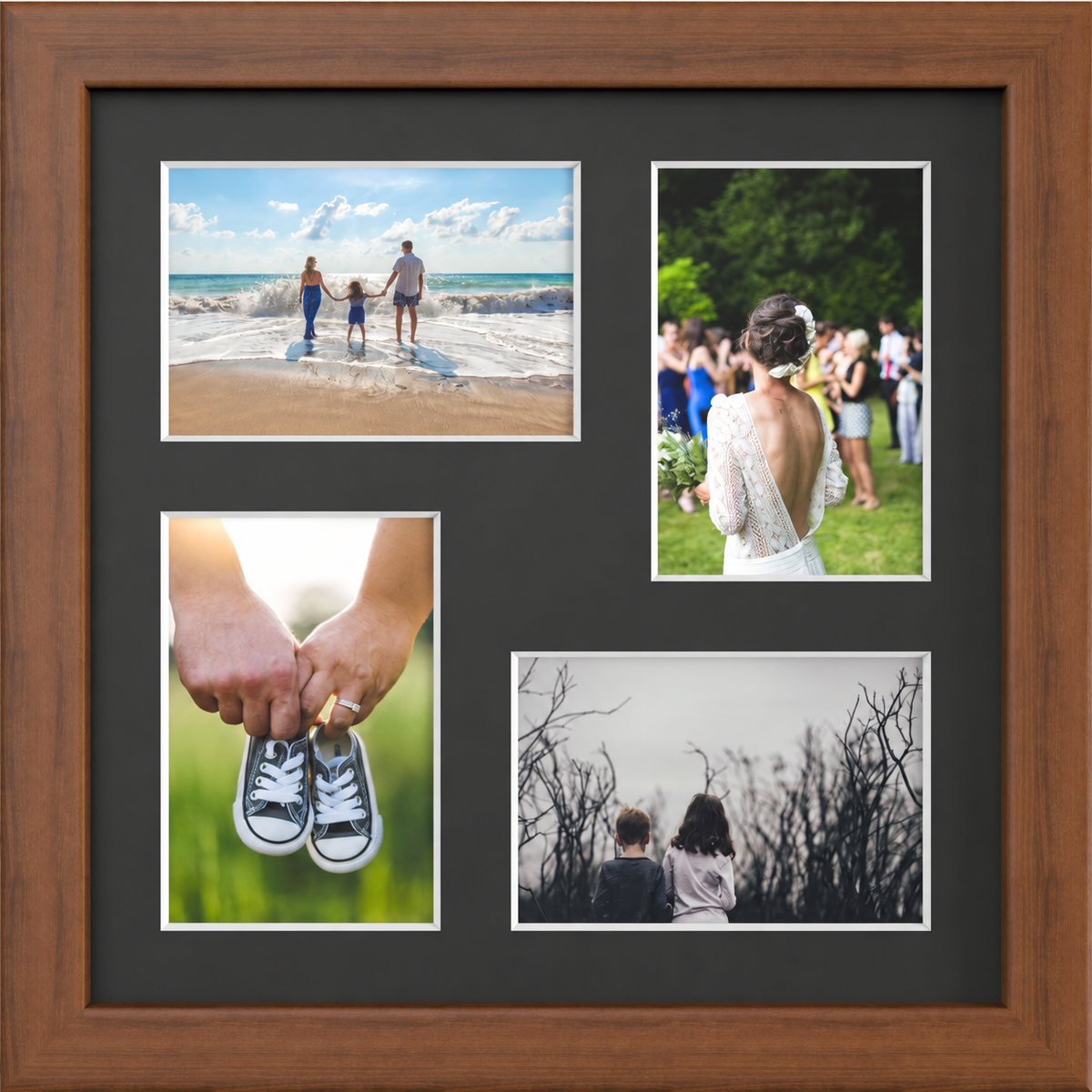 Dark Teak Multi-Aperture Frame for 4 Photos 6x4" with Black Mount displaying photographs