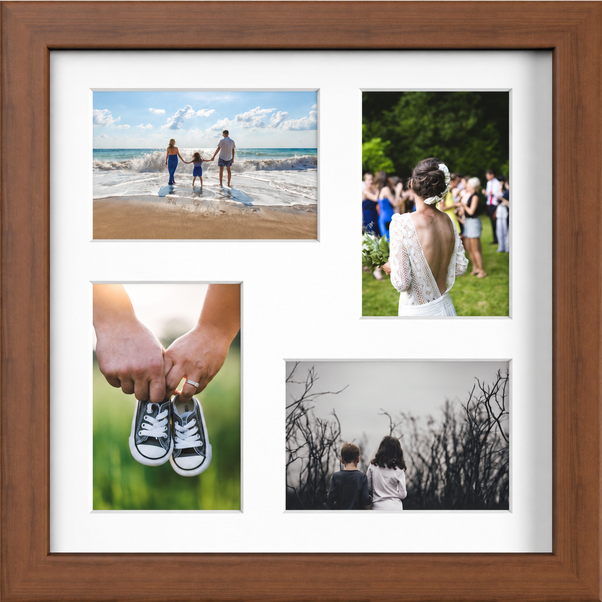 Dark Teak Multi-Aperture Frame for 4 Photos 6x4" with White Mount displaying photographs
