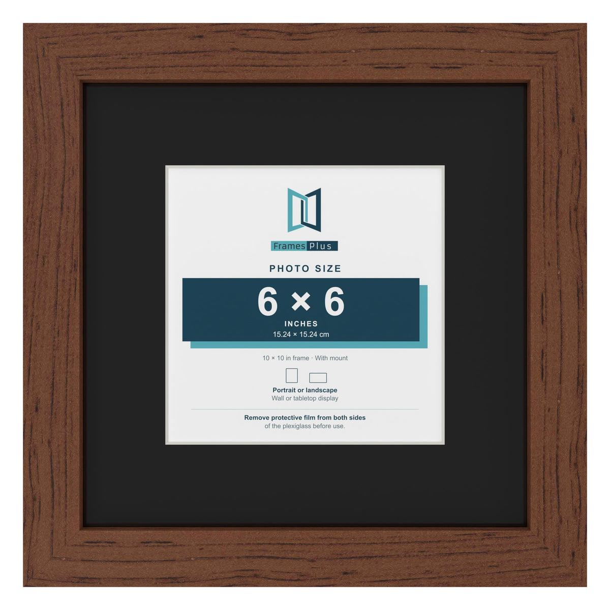 Dark Teak 10 x 10 inch picture frame with a black mount for a 6 x 6 inch photo