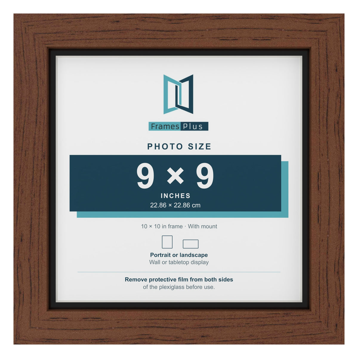 Dark Teak 10 x 10 inch picture frame with a black mount for a 9 x 9 inch photo