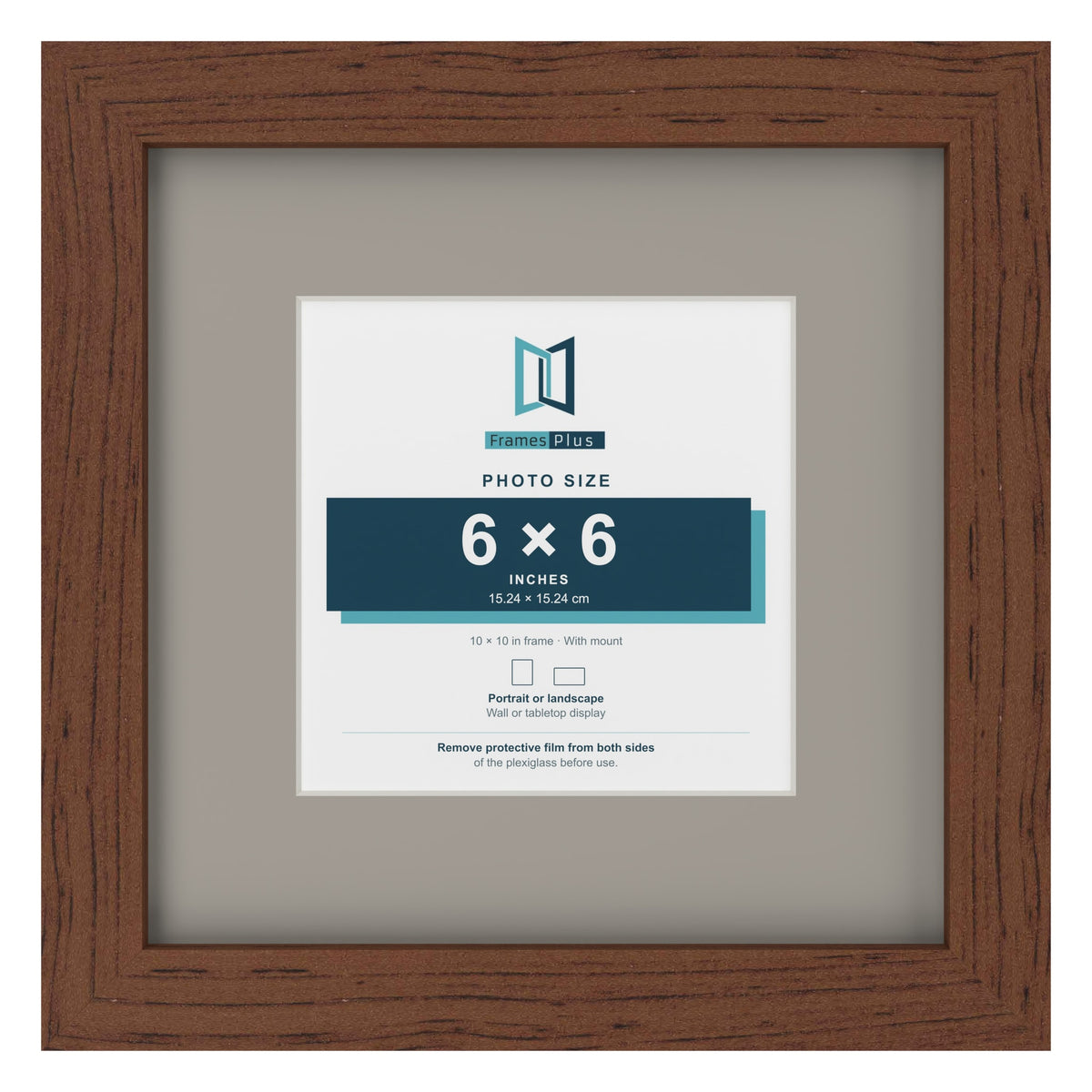 Dark Teak 10 x 10 inch picture frame with a Dawn Grey mount for a 6 x 6 inch photo