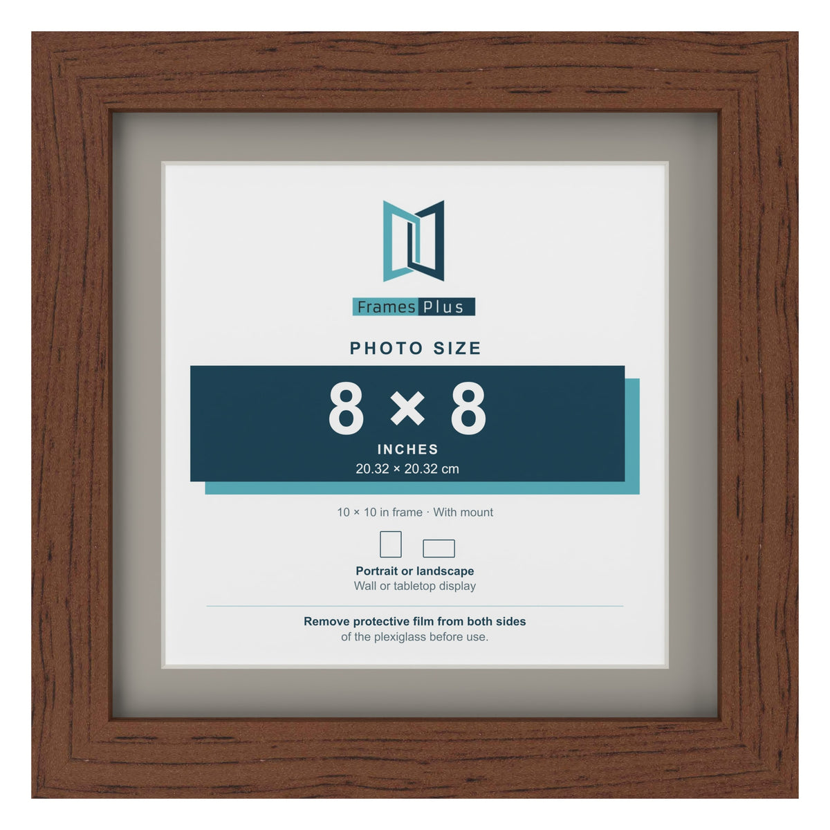 Dark Teak 10 x 10 inch picture frame with a Dawn Grey mount for an 8 x 8 inch photo