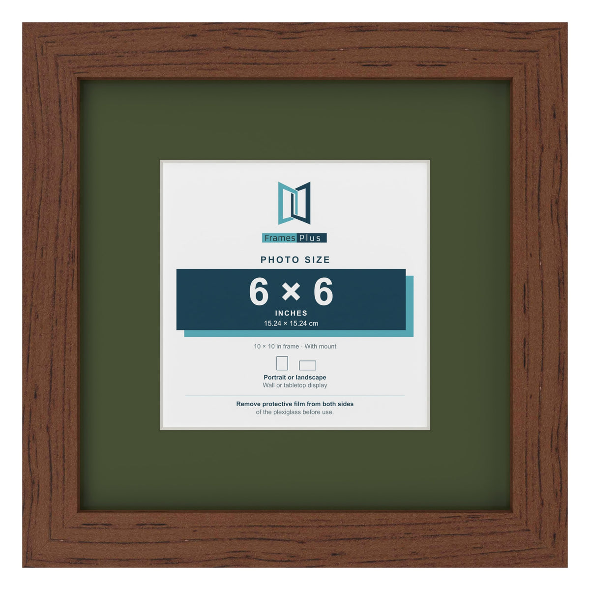 Dark Teak 10 x 10 inch picture frame with a green mount for a 6 x 6 inch photo