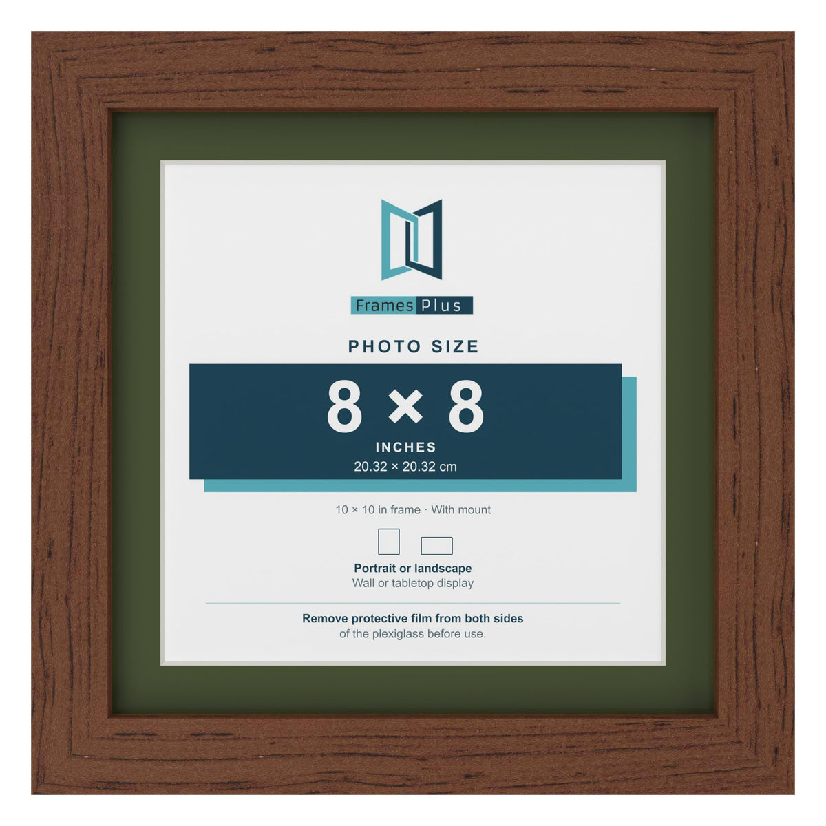 Dark Teak 10 x 10 inch picture frame with a green mount for an 8 x 8 inch photo