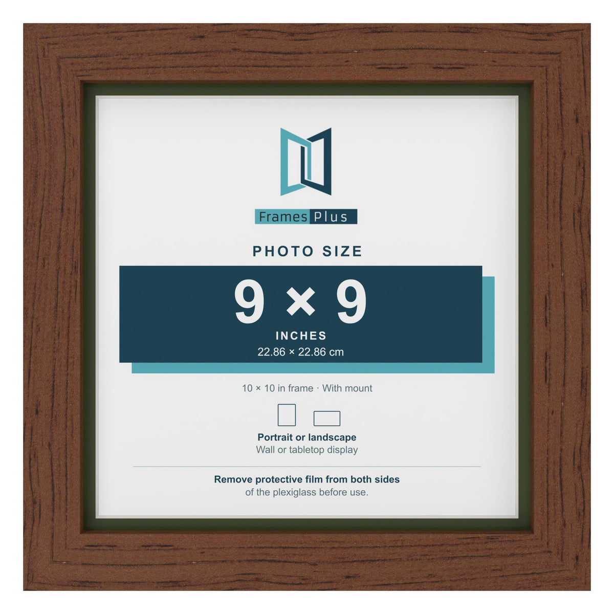 Dark Teak 10 x 10 inch picture frame with a green mount for a 9 x 9 inch photo