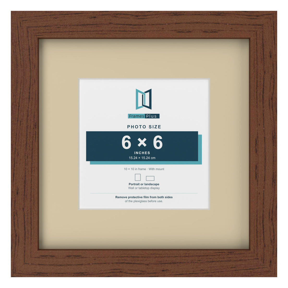 Dark Teak 10 x 10 inch picture frame with an ivory mount for a 6 x 6 inch photo