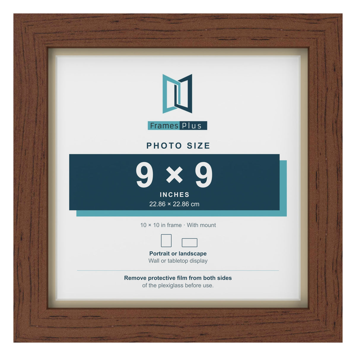 Dark Teak 10 x 10 inch picture frame with an ivory mount for a 9 x 9 inch photo