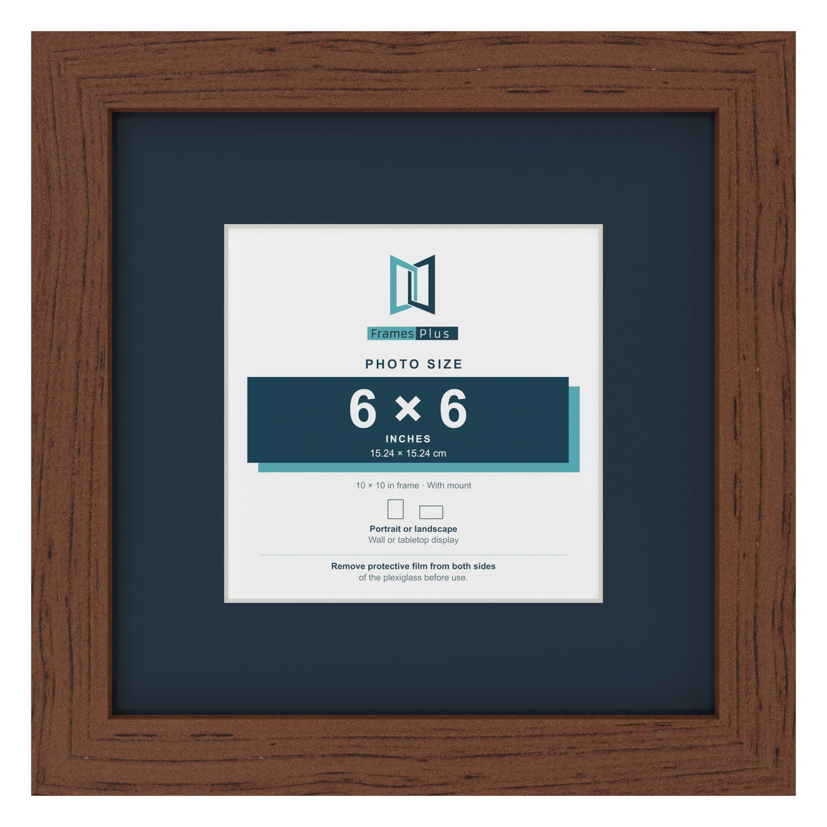 Dark Teak 10 x 10 inch picture frame with a Pacific Blue mount for a 6 x 6 inch photo